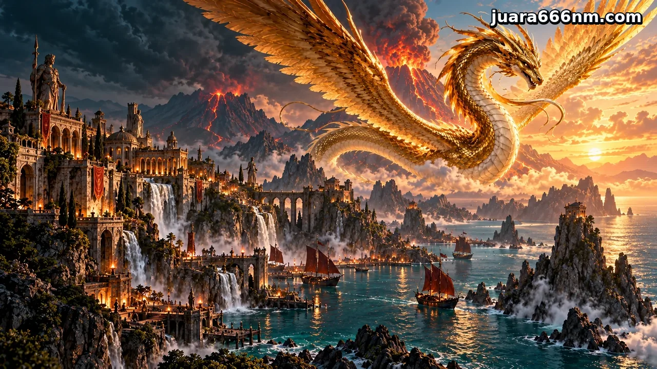 juara666 — Naga emas terbang di atas pelabuhan fantasi